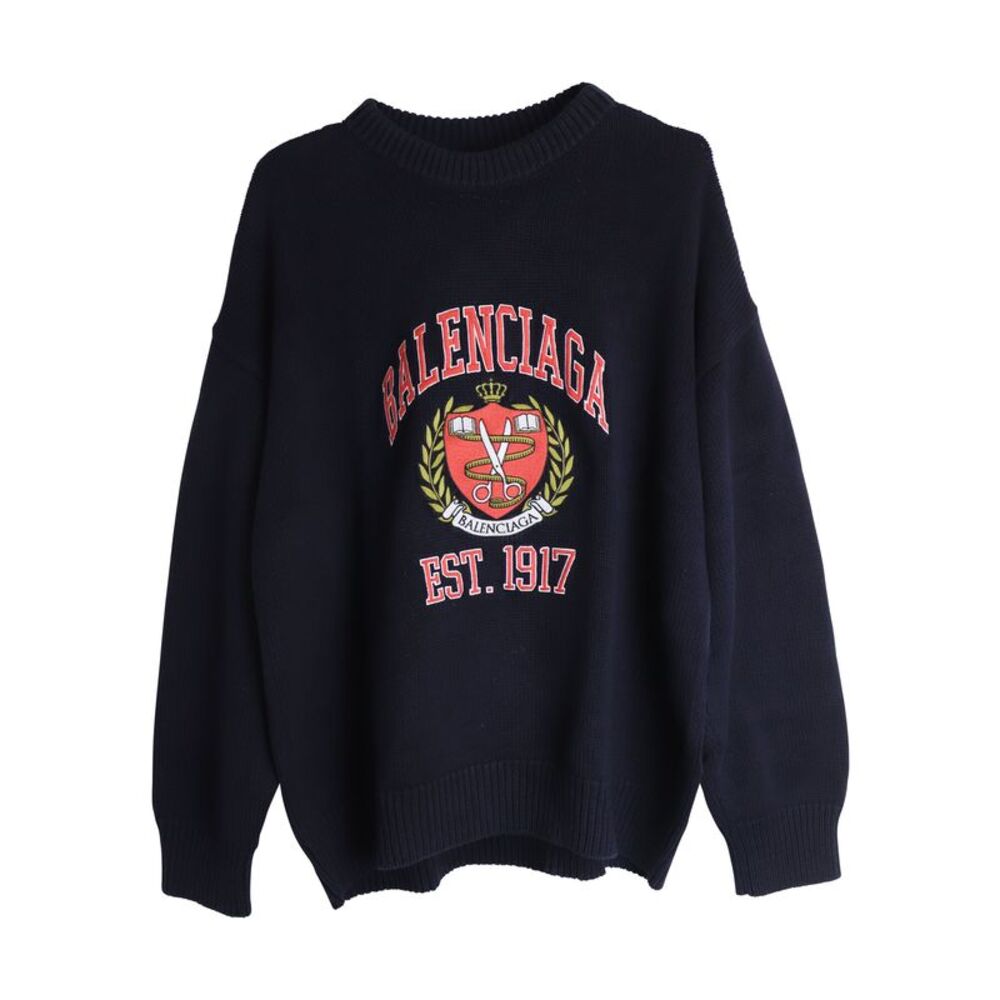 Balenciaga Oversized Embroidered College Logo Crewneck in Navy Blue Cotton